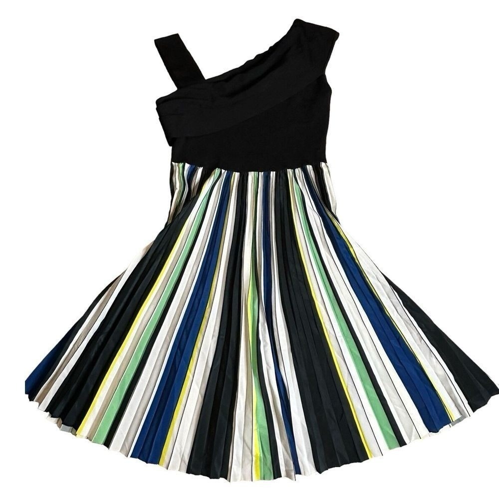Sachin & Babi Knit Multi Pleat Midi Dress Womens L Black Green Cocktail Flare